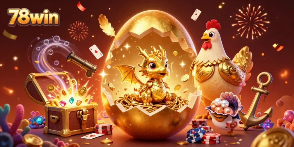 Join the thrilling experience at 78win with a golden dragon and poker chips amidst a vibrant casino atmosphere.