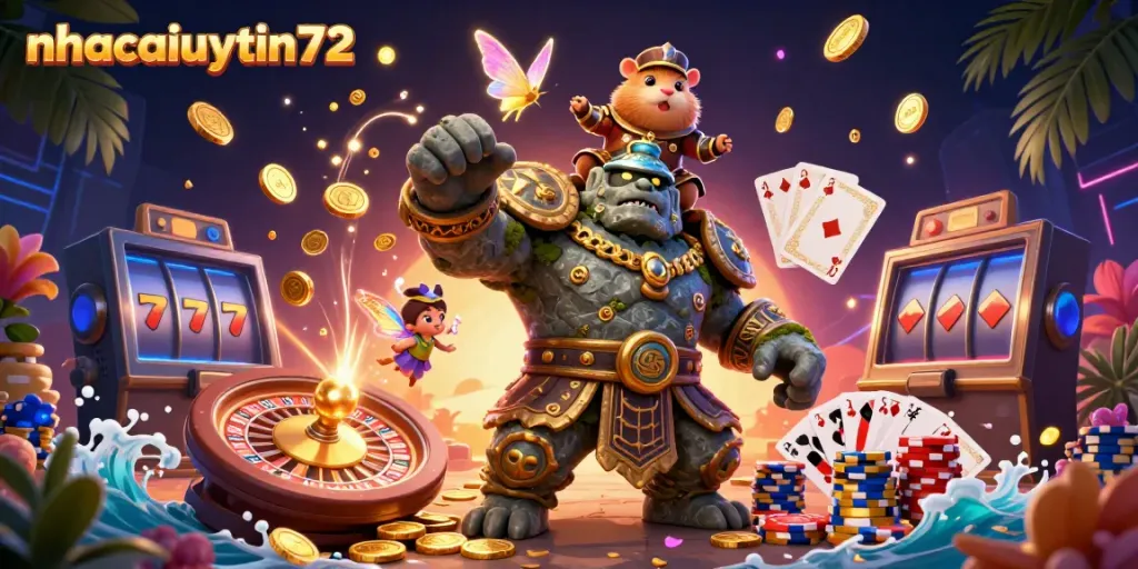 Experience the vibrant magic of nhacaiuytin72 with fantastic characters surrounded by cascading coins