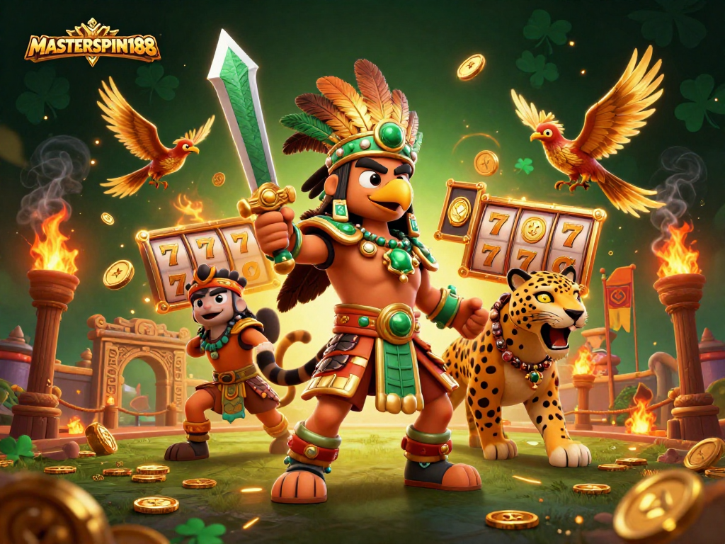 Win big with MASTERSPIN188 in this vibrant 3D casino battle scene full of dynamic slot elements.