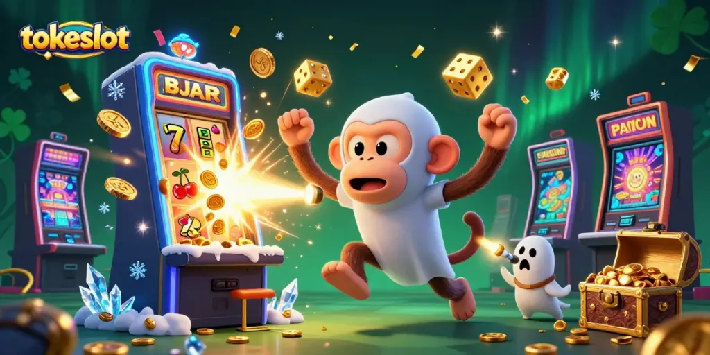 Engage with the tokeslot experience in this lively casino scene featuring playful characters and dynamic gambling elements.