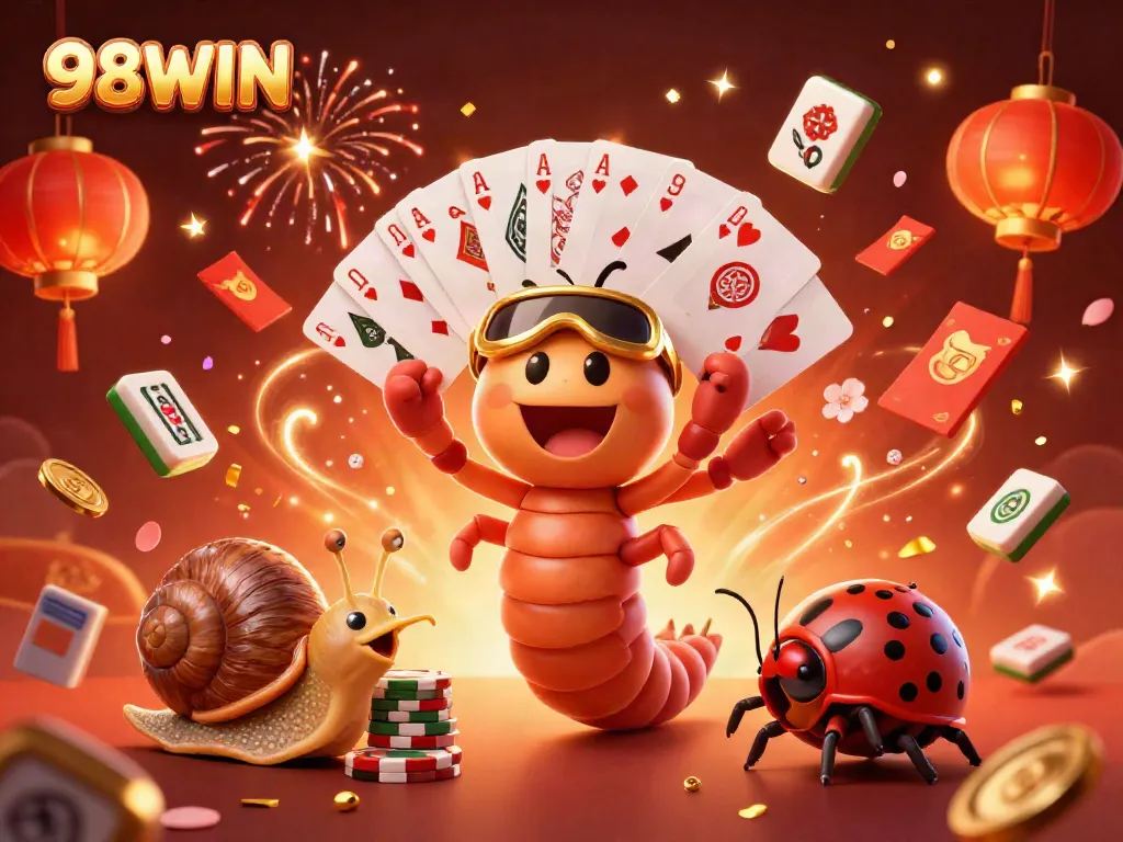 Engaging scene of 98WIN featuring a millipede dealer with cards amidst traditional elements and festive confetti.