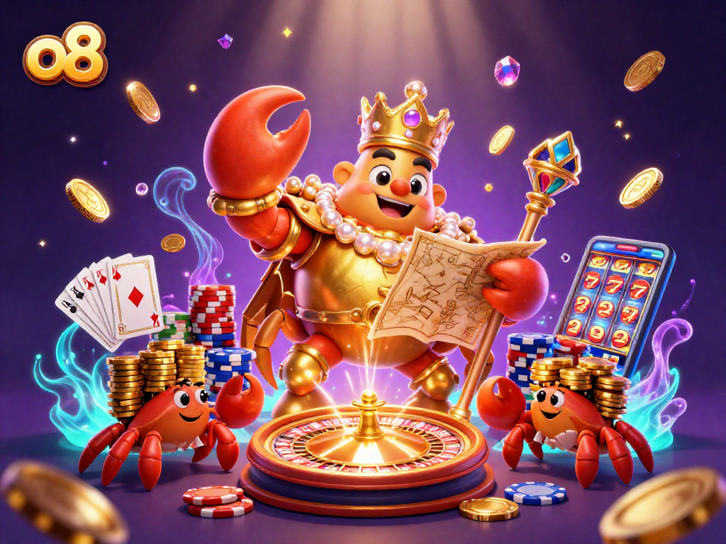 Experience thrilling wins at o8's engaging online casino, featuring a crab emperor and treasure-filled graphics.