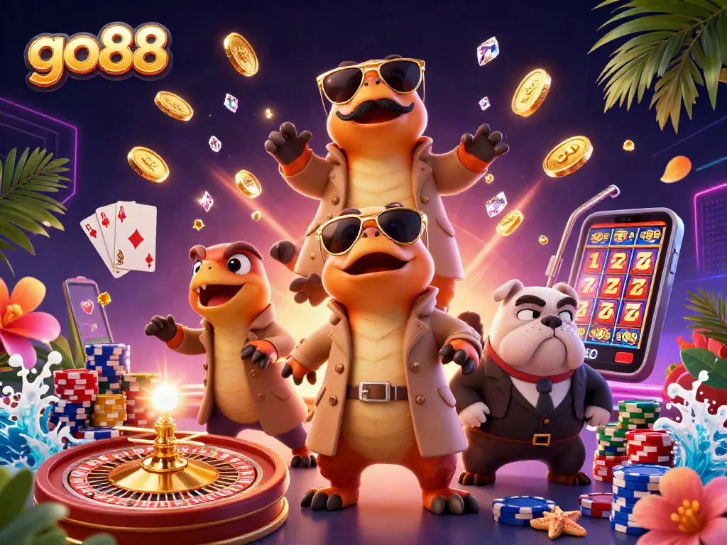 Engage with go88's exciting casino experience featuring animated raptors and casino elements.