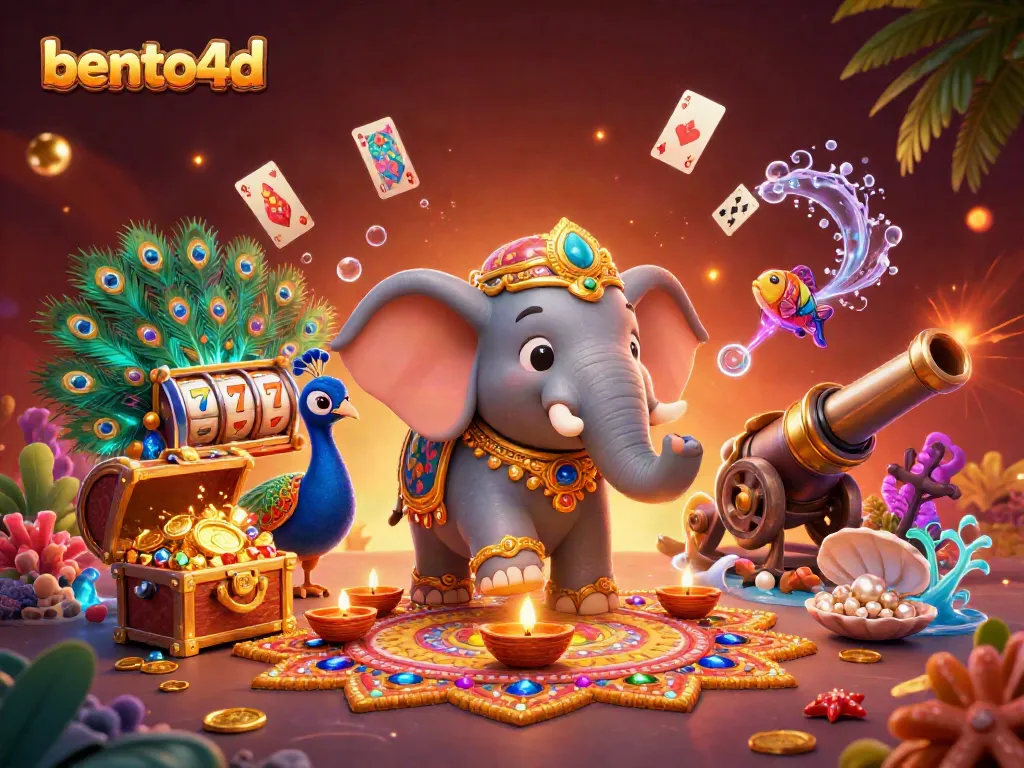 Engage with bento4d in this vibrant casino scene filled with colorful slot reels and festive elements.