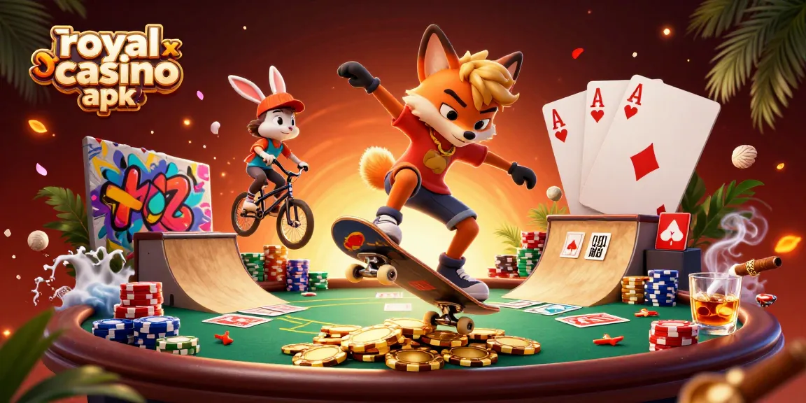 Engage with royal x casino apk in a vibrant 3D scene featuring animated characters and casino elements.
