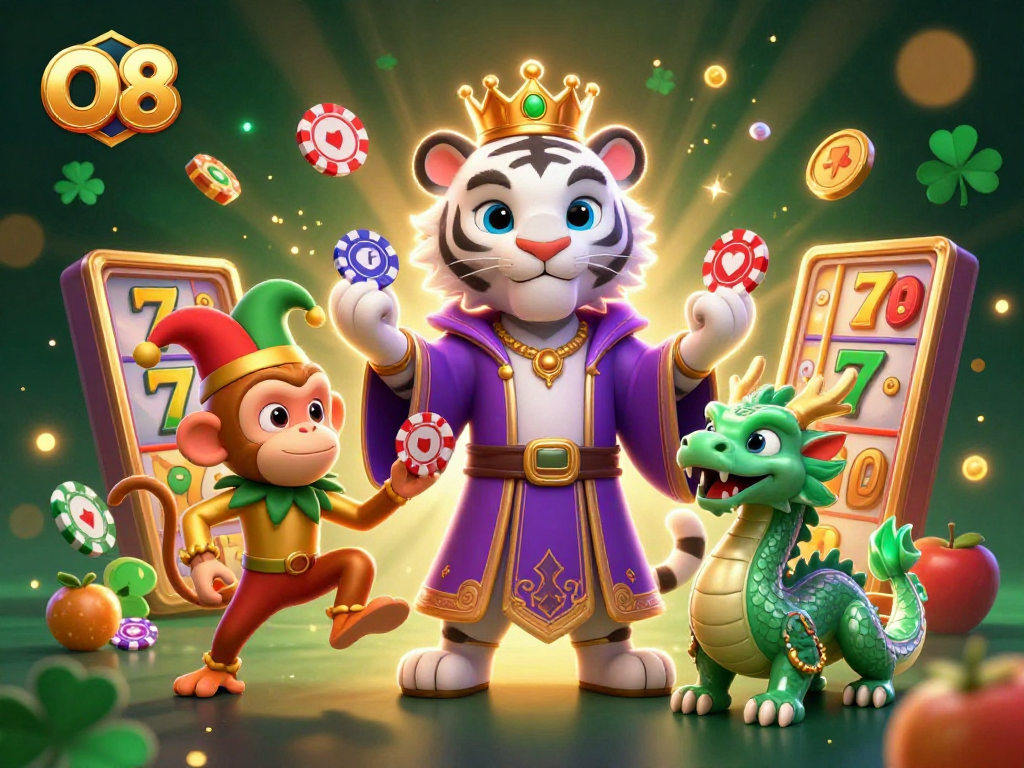 Experience the thrill of O8 with a vibrant 3D illustration showcasing an adventurous casino scene.
