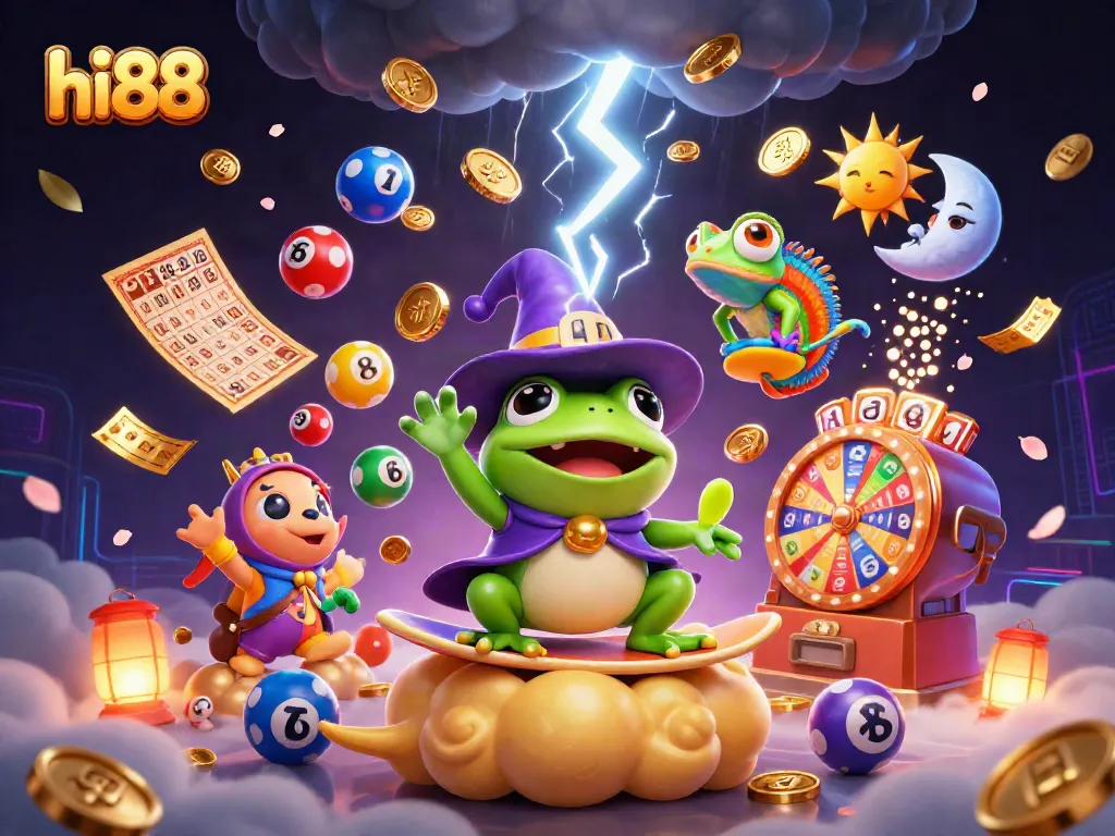 Engage in thrilling gameplay at hi88 with an illustrated scene of vibrant casino elements and playful characters.