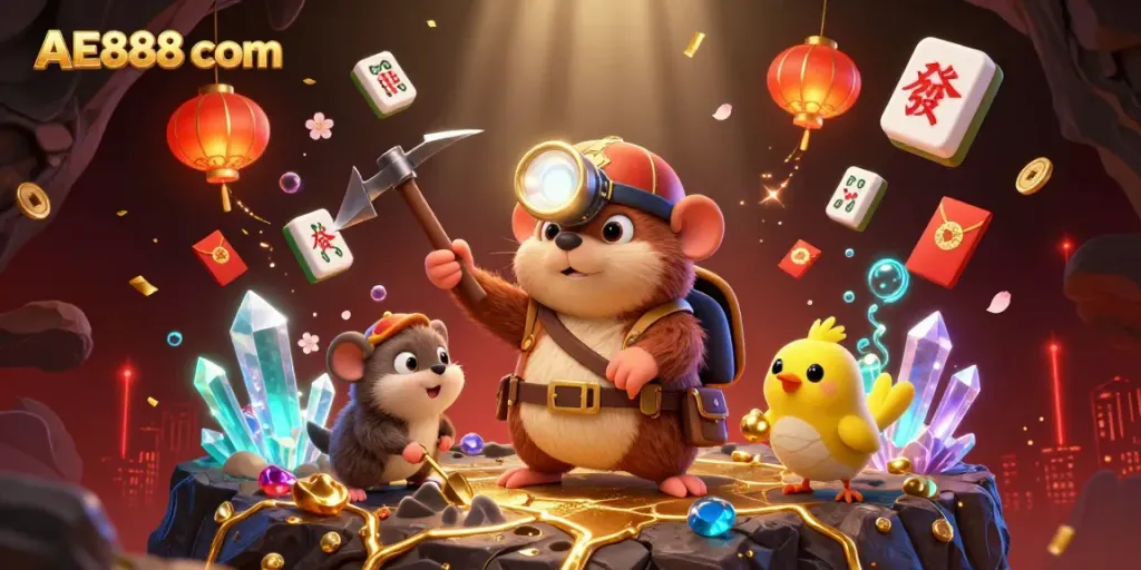 Experience AE888 com's vibrant online casino atmosphere with a treasure hunter and gems.