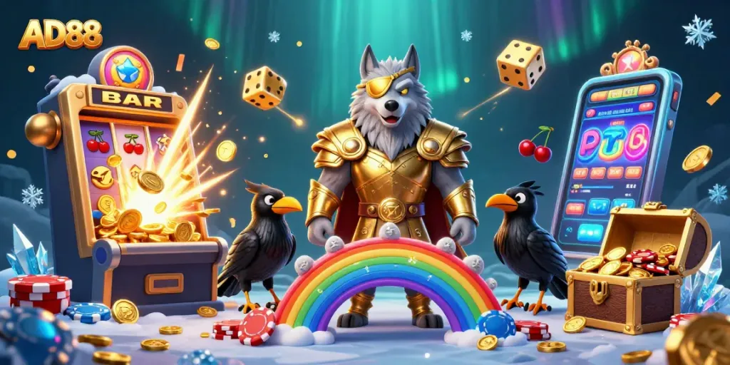 AD88 offers thrilling gaming experiences with Norse mythology elements in a vibrant casino setting.