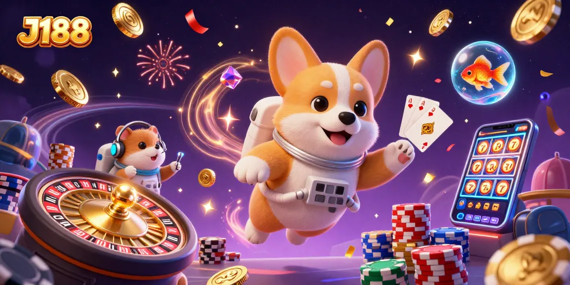 Engage in exciting casino action at J188 with a vibrant corgi astronaut and floating treasures.
