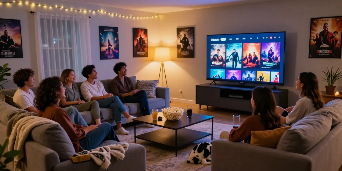 Enjoy a lively movie night with friends as they explore the latest releases from movie 4u.