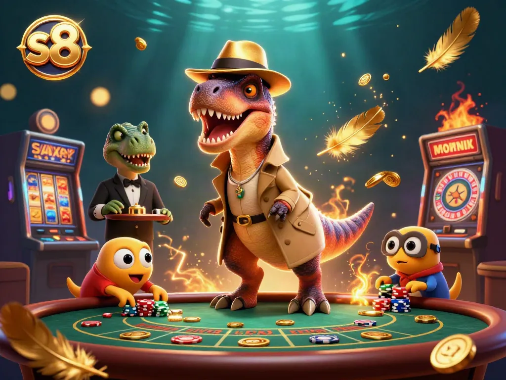 Play thrilling games at S8 with a velociraptor card counter under the watchful eye of a stegosaurus pit boss.
