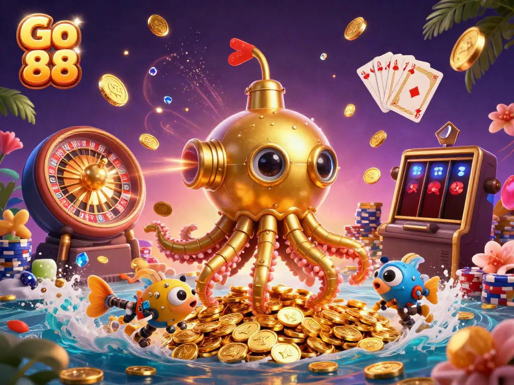 Experience thrilling gameplay and golden rewards with Go 88, featuring a golden kraken submarine and mechanical fish in a vibrant casino scene.