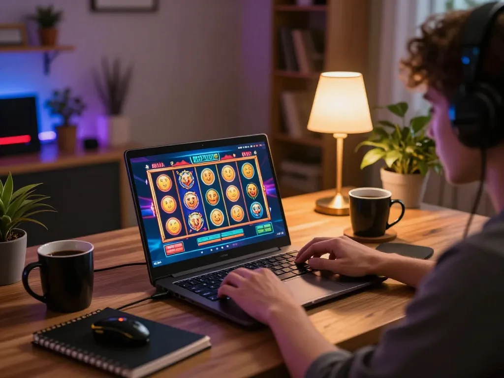 Player spinning mpoid slot on a laptop, colorful graphics and personal gaming setup visible.