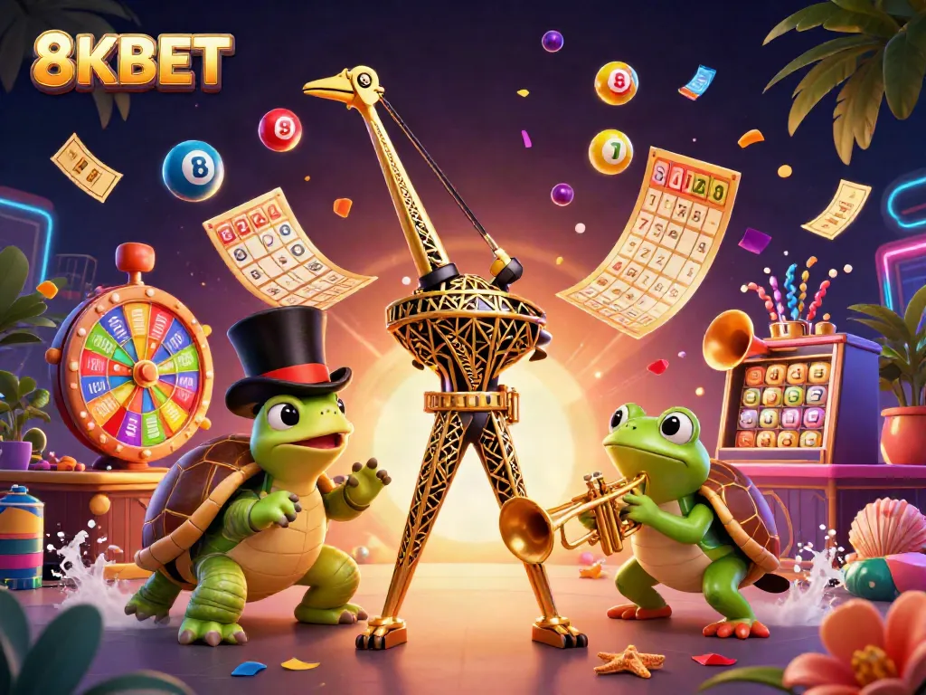 Experience the vibrant 8KBET casino world with lively characters, lottery balls, and dynamic gaming elements.