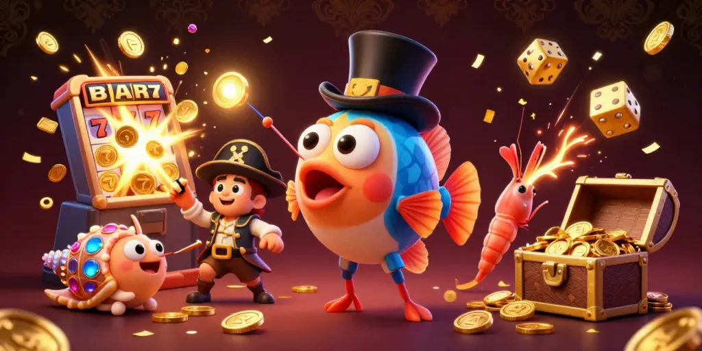 Hi88 charms players with a vivid scene of fortune featuring a cartoon anglerfish, shrimp, and sea snail among slot machine jackpots.