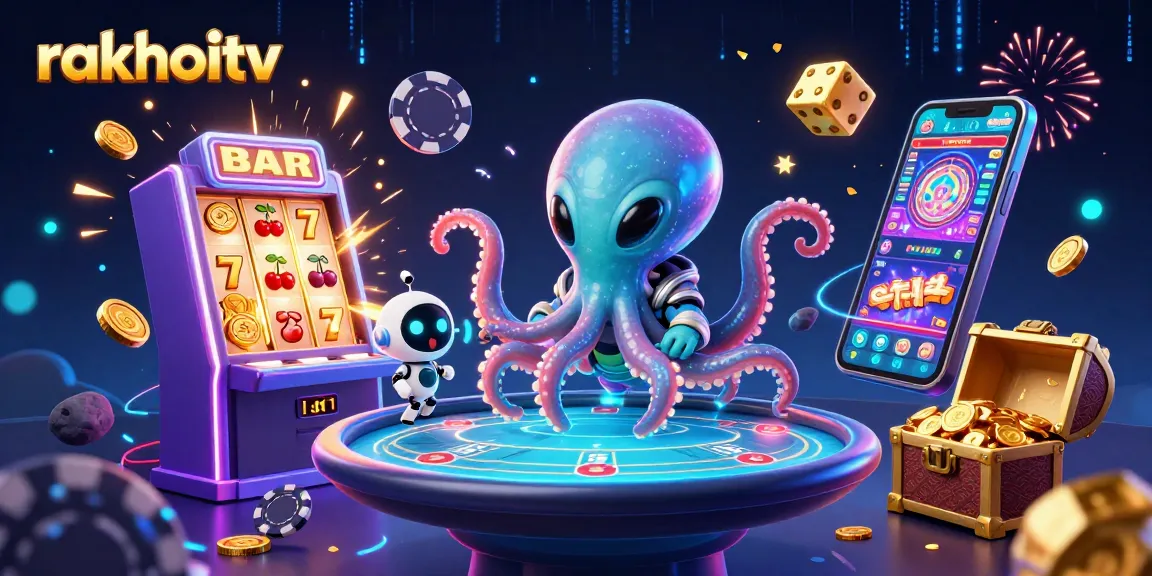 Experience rakhoitv with a vibrant 3D illustration capturing an octopus and robot enjoying lively casino action.