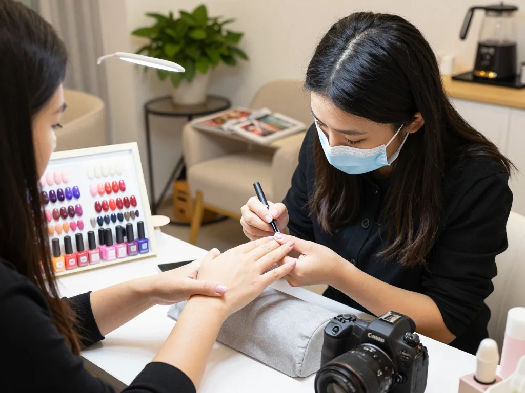 Expert nail technician applying a manicured finish in a modern beauty salon.