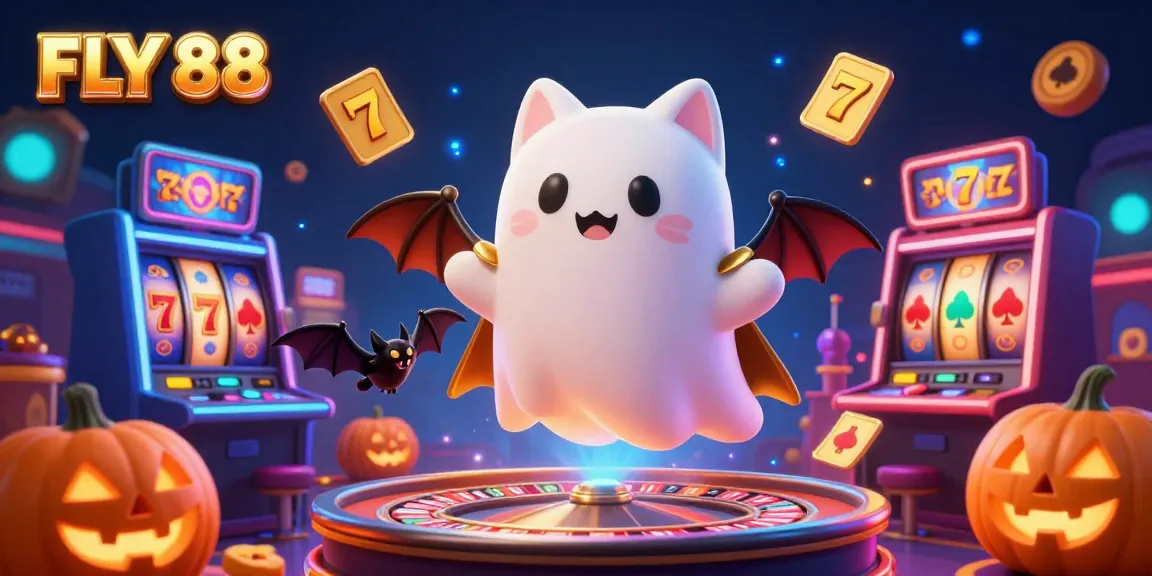 Experience thrilling slot action with FLY 88 in a vibrant casino featuring a friendly ghost cat and glowing elements.