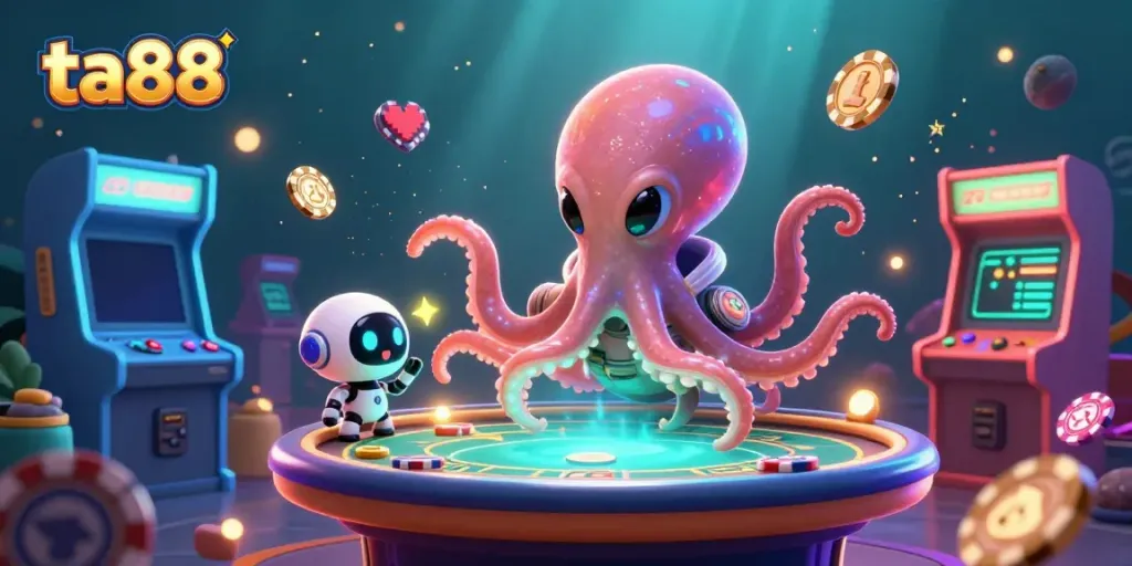 Experience thrilling poker action with ta88's cartoon alien octopus and a robot, in a vibrant casino universe.