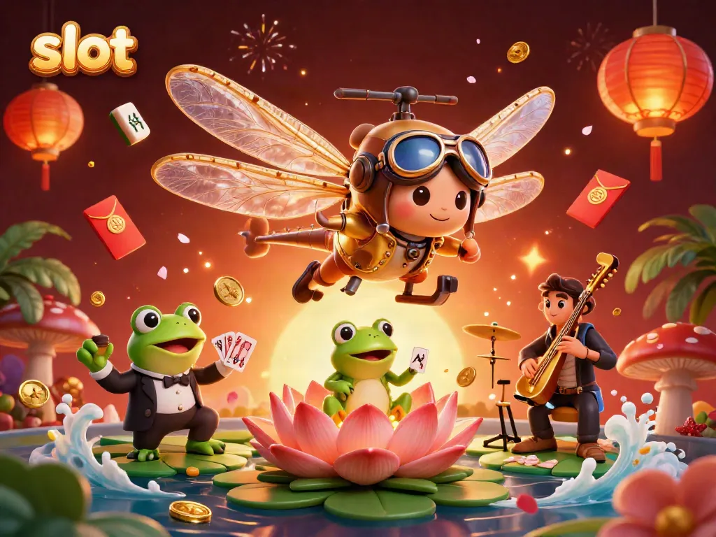 Engaging scene depicting the slot experience with a vibrant dragonfly pilot and frog croupier, celebrating casino vibes.