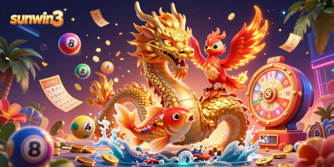 Experience the thrilling gameplay at sunwin3, featuring a golden dragon, phoenix, and koi fish amidst vibrant casino elements.