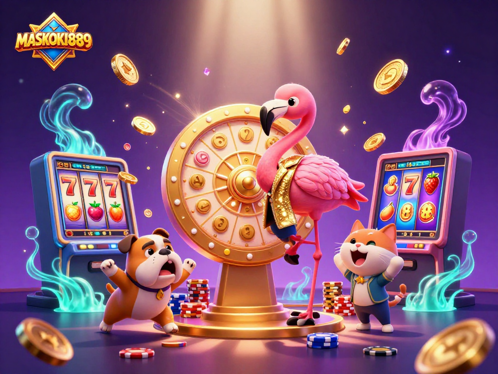 Experience the thrill of MASKOKI889 with vibrant casino illustrations featuring exciting games.