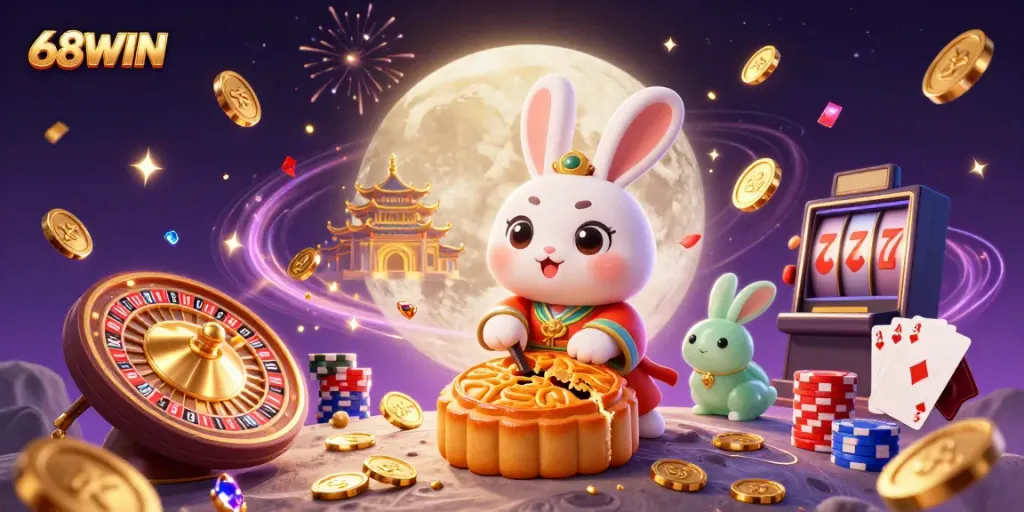 Experience the excitement of 68WIN with a vibrant, captivating casino-themed lunar scene featuring a moon rabbit.