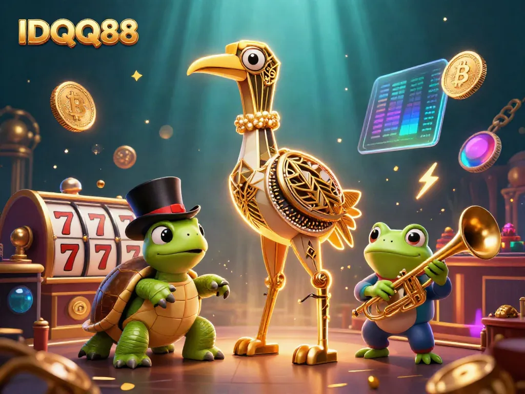 Experience the thrill of IDQQ88 with vibrant slot reels and enchanting characters at a speakeasy.