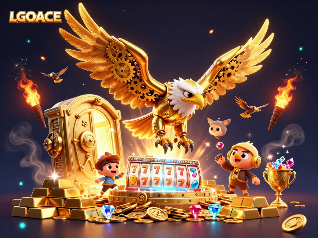 LGOACE casino features a cybernetic golden eagle amidst dynamic slot reels, symbolizing winning potential.
