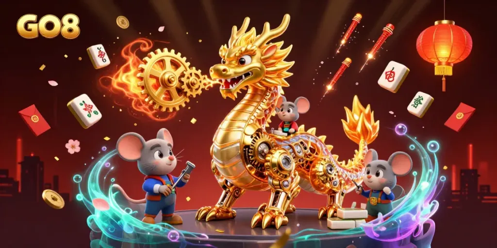 GO8's golden dragon showcases vibrant casino elements amidst fireworks and festive decorations.