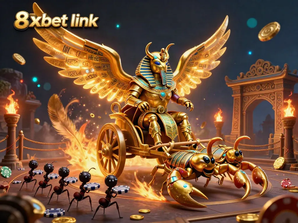 Join the excitement at 8xbet link, featuring an epic scene of casino elements and golden characters engaging in thrilling gaming.