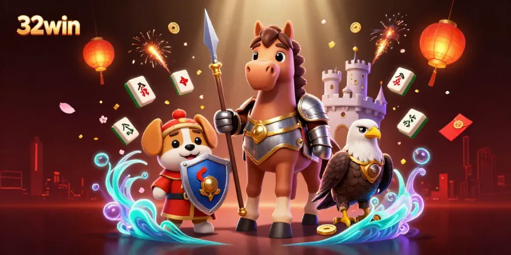 Experience the excitement at 32win with a dynamic 3D casino scene featuring a knight and a puppy!