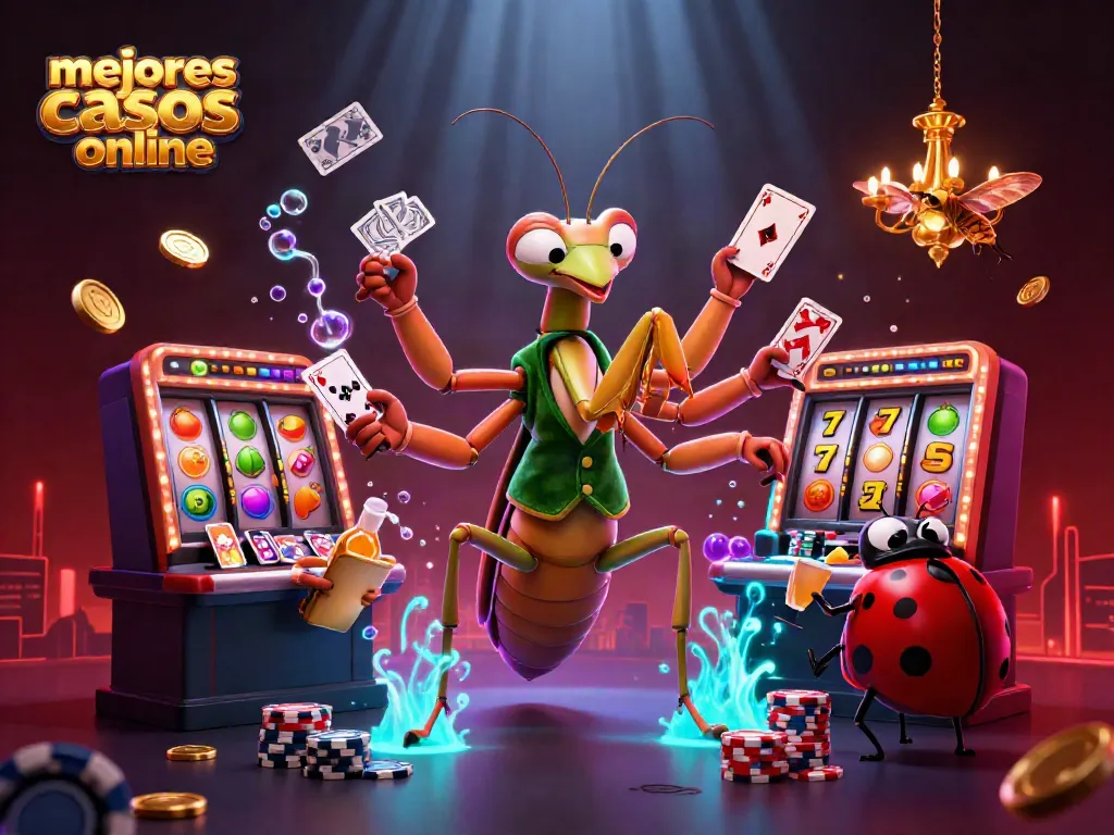 Ilustración de los mejores casinos online mostrando un camaleón gigante y una mariquita en un ambiente vibrante y dinámico.
