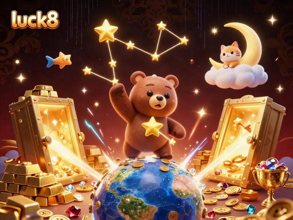 Experience the thrill of winning at luck8 with a vibrant 3D casino scene loaded with treasures and fortune.