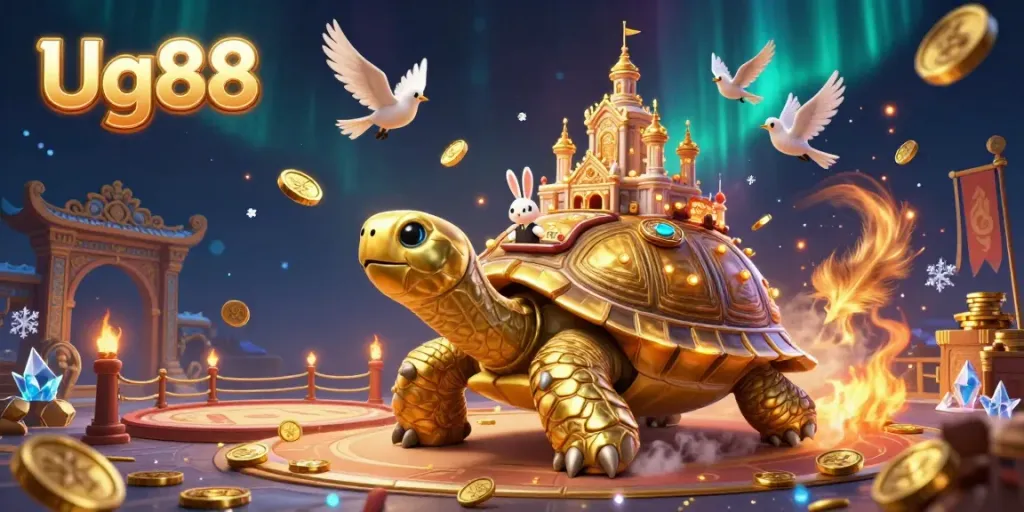 Experience the vibrant Ug88 casino scene with a golden tortoise and a rabbit dealer amidst dazzling effects.