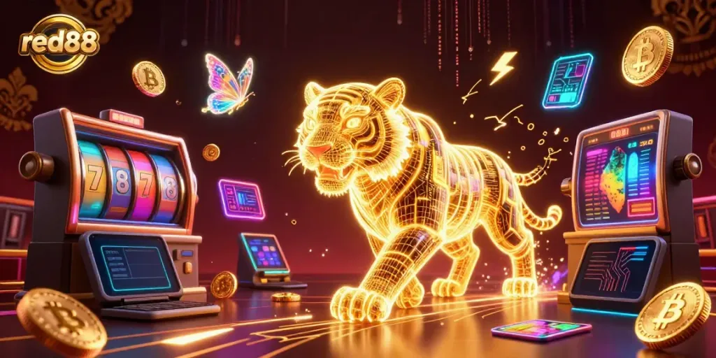 Experience thrilling gaming action at red88 with a vibrant casino atmosphere filled with neon elements.