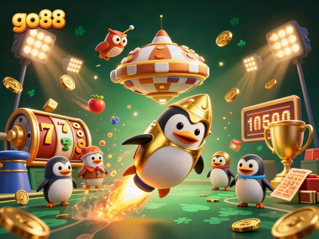 Spin jackpots at go88 with explosive fun featuring a golden penguin and casino symbols.