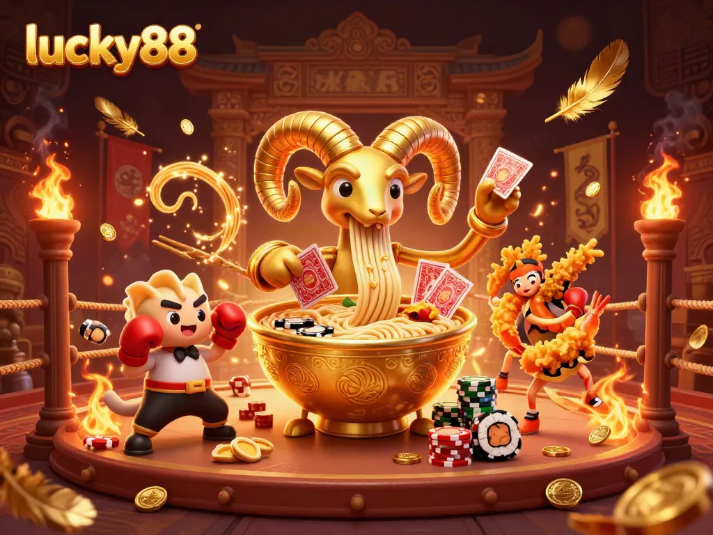 Lucky88 showcases a colorful, vibrant 3D illustration featuring a golden ramen bowl dealing cards and stacking chips in a dynamic casino scene.