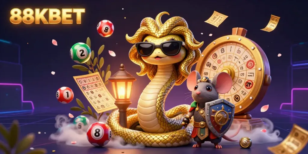 Engage with exciting games at 88KBET, featuring a dynamic illustration of lottery elements and characters.