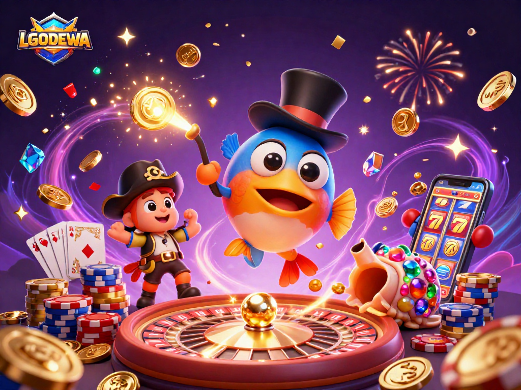 Experience winning moments with LGODEWA's vibrant casino scene featuring characters and festive elements.