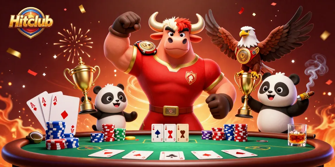 Hitclub mascot celebrates big wins at a poker table with vibrant casino elements.