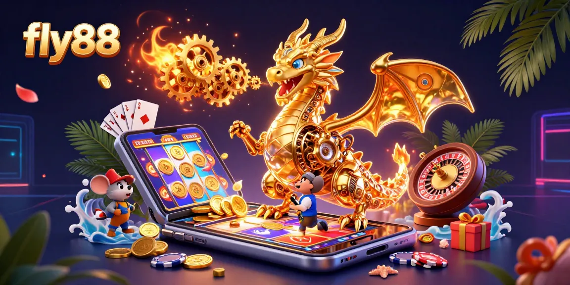 Experience fly88's vibrant gaming world with a golden dragon and immersive casino elements.