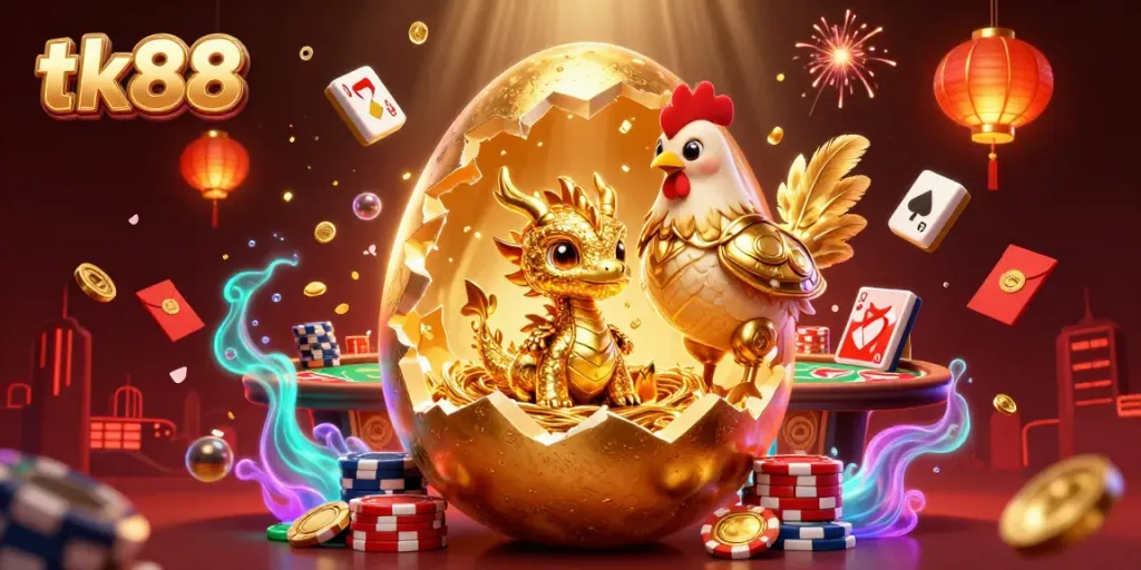 Engage with tk88 gaming through a vibrant scene of winning poker chips and a golden dragon.
