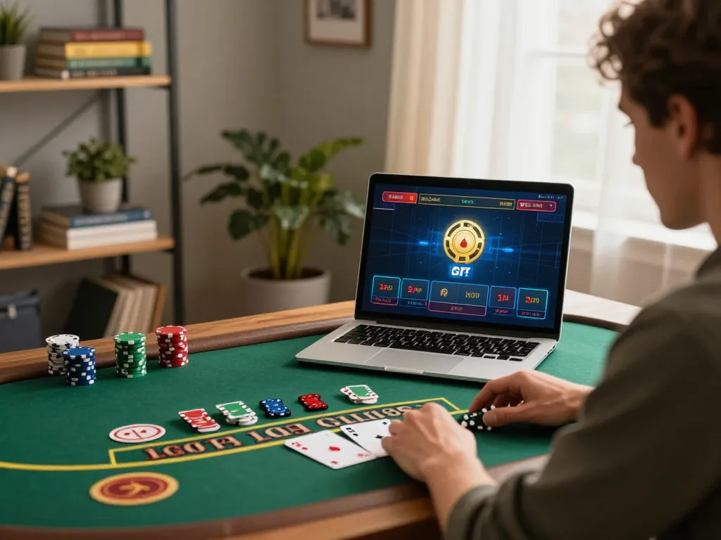 SUNWIN player engaged in strategic live blackjack game from home office, emphasizing focused gameplay.