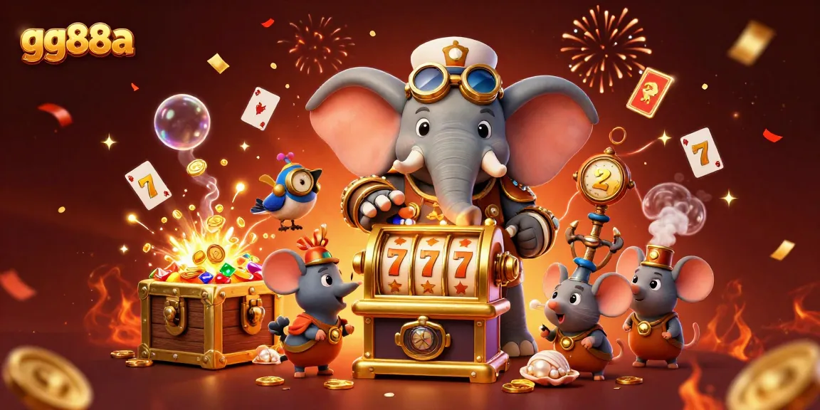 Spin the golden slots with gg88a's steampunk elephant, amidst treasure and lively cards!
