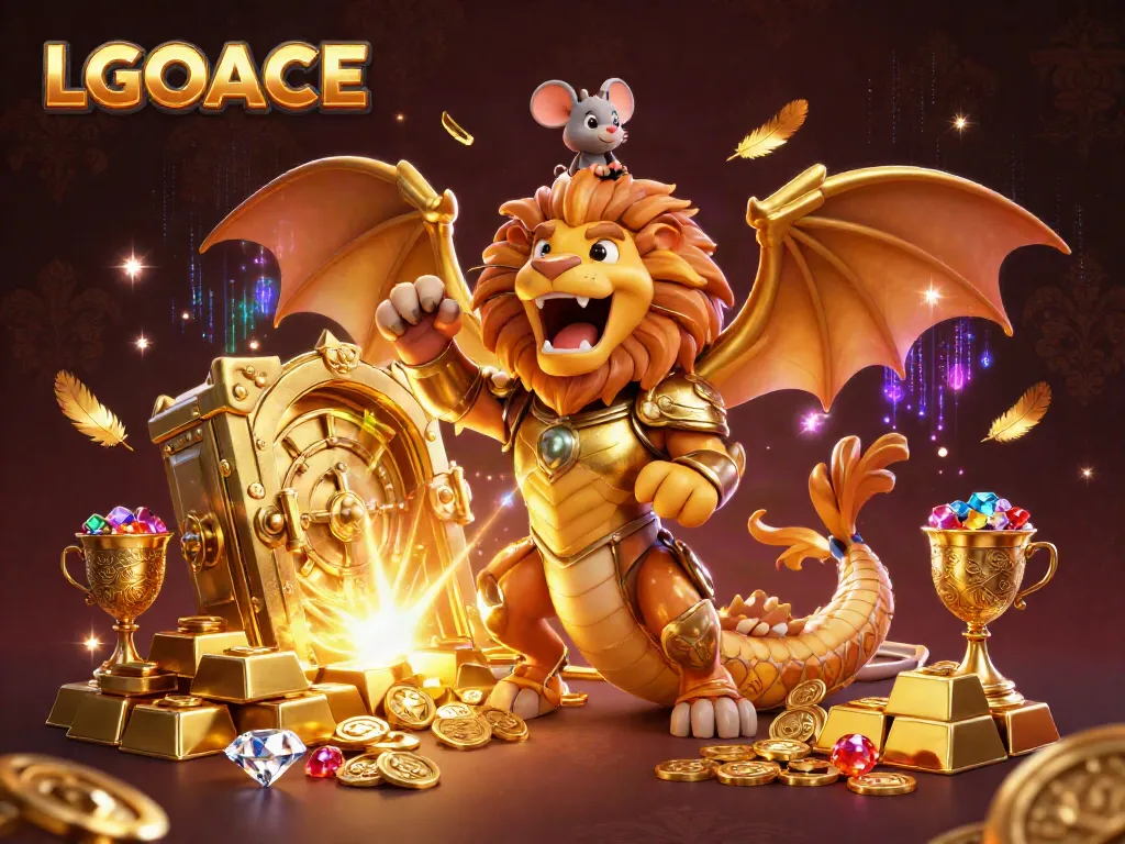 LGOACE showcases an exciting casino world with a golden chimera and mouse jockey amidst treasure.