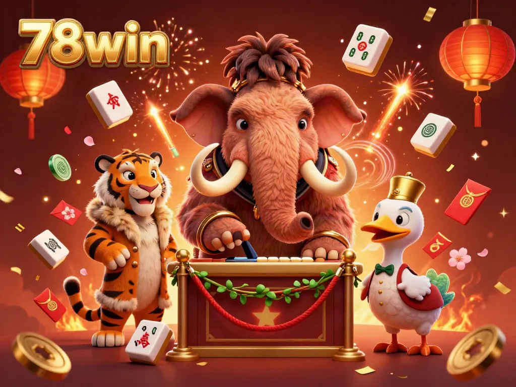 Experience the excitement at 78win's casino with vibrant characters and festive decorations.