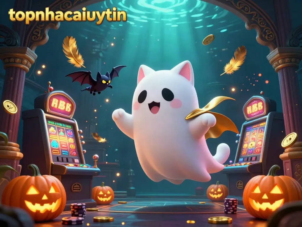 Engage with topnhacaiuytin in this vibrant 3D casino scene featuring a ghost cat and bat amidst glowing game elements.