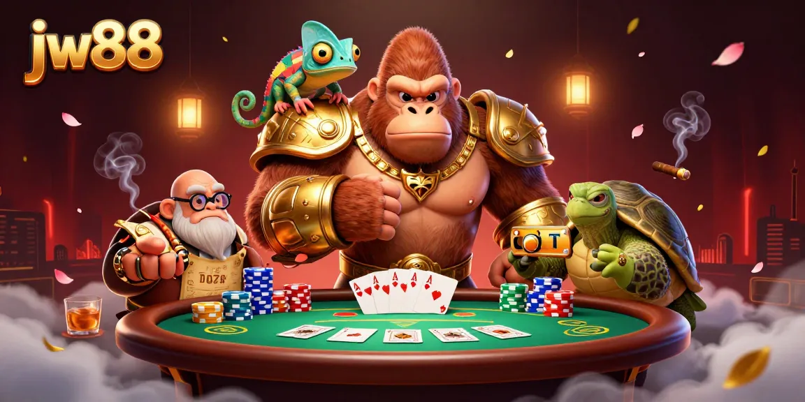 Experience thrilling action at jw88 with a 3D illustration of a charging gorilla king and his companions at the poker table.